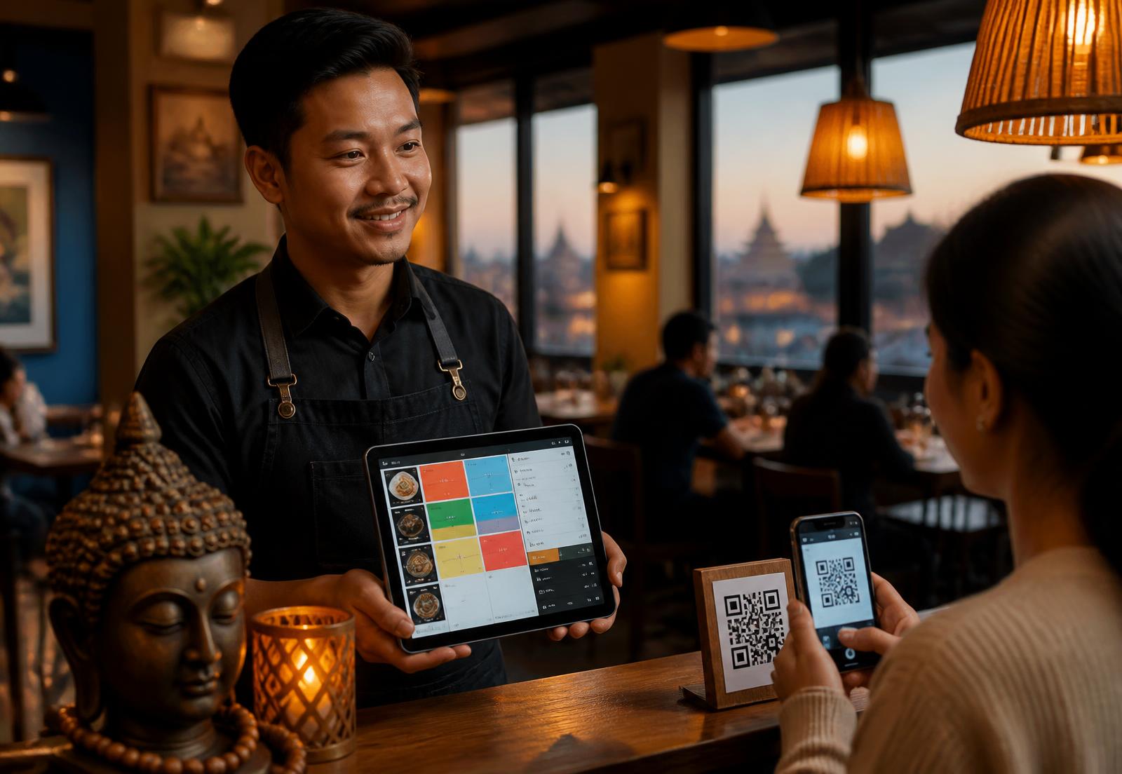 A waiter taking an order on a RasilaPOS touchscreen terminal in a busy Nepali restaurant